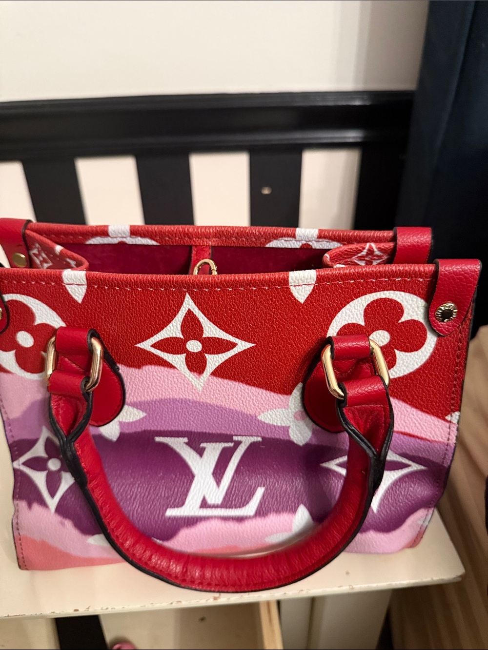 Red, Pink & Purple MONOGRAM Mini Tote FAUX  with Gold Charm BNWOT - Picture 4 of 5